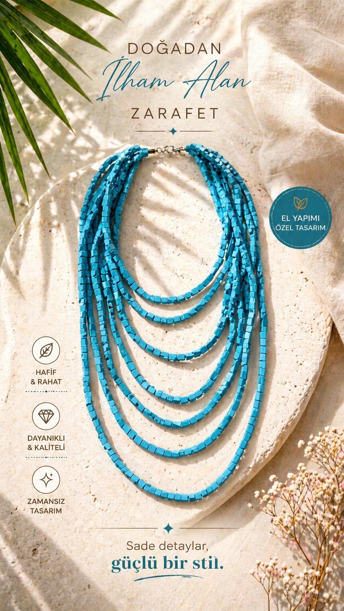 Baby Blue Tahta Otantik Sekiz Sıra Kolye